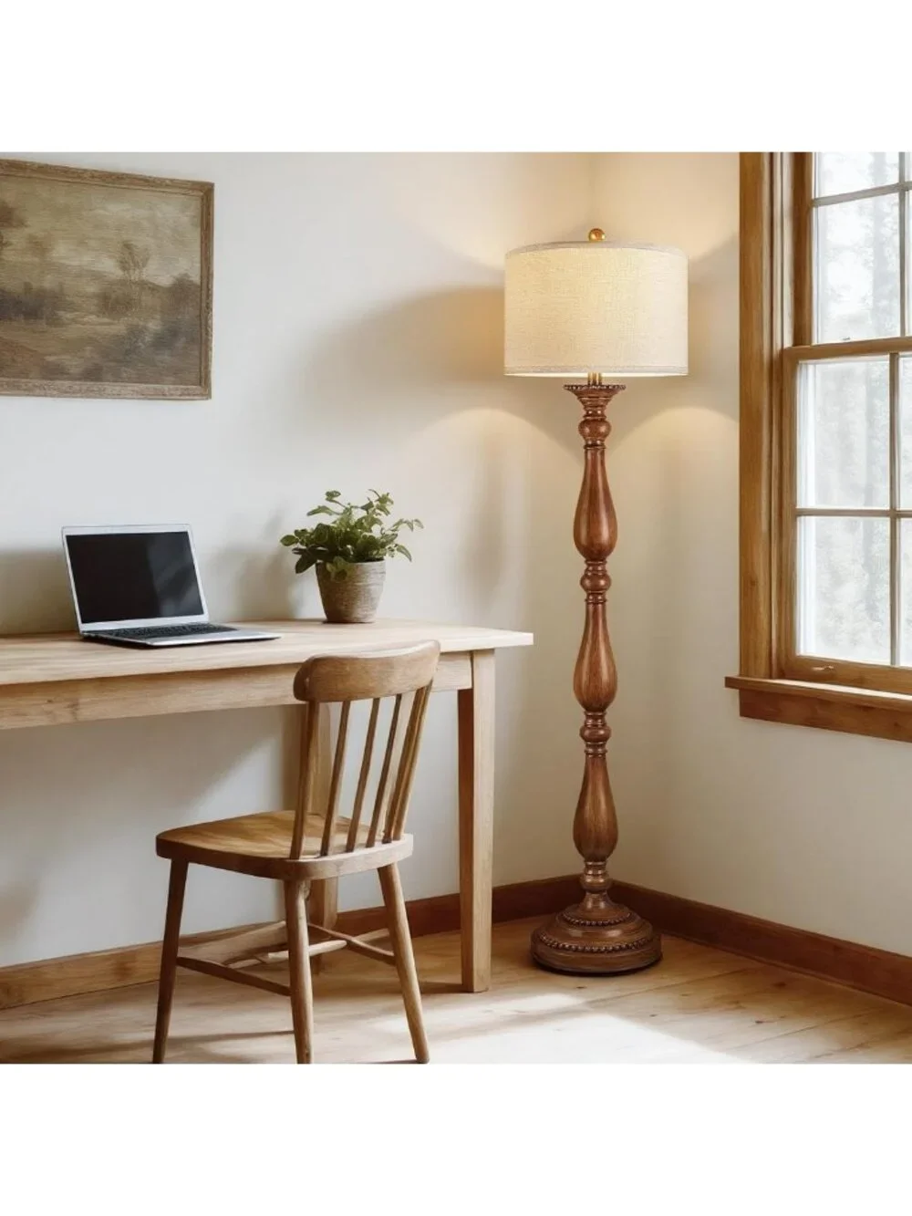 Rustic Vintage Floor Lamp with Linen Shade, Retro Standing Light for Living